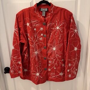 Indigo Moon Jacket Womens 1XL Red Denim Embroidered Button Front‎ Long Sleeve